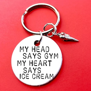 Ice cream lover gift - my head says gym my heart says ice cream, Keychain Gift for coworker or friend or boyfriend Valentines gift