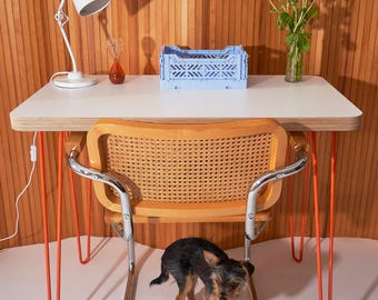 Bespoke Mid Century modern plywood desk in White gloss on hairpin legs