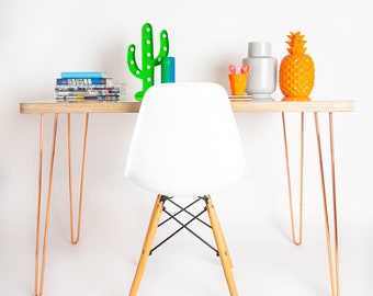 Bespoke Mid Century modern plywood desk in White gloss on hairpin legs