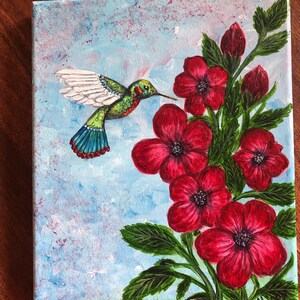Hummingbird with red flowers 8x10 Painting