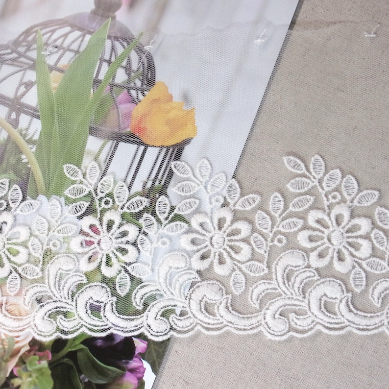 Embroidered Cotton Crochet Tulle Lace Trim 8.5cm Wide 1Yd