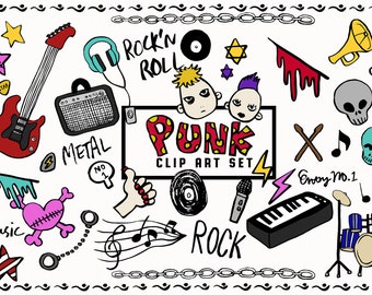 Doodled Punk Set | Music Clip Art, Rock Illustration, Guitar, Commercial Use PNG, Poster Design, Rock Music Graphic, Digital Download Image