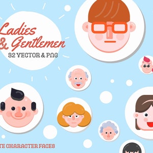 32 Character Face Clip Art, Different Face Overlay, PNG Clipart Commercial Use, Vector Graphics, Various Age Character Avatar, Flat Icons image 1