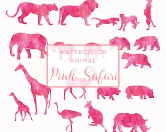 Safari Animal Silhouette Pink | Clip Art, Animal Silhouette, Watercolor Clip Art, Commercial Use PNG, Digital download Graphics, Nature