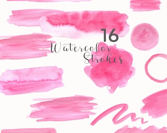 16 Watercolor Strokes Pink | Watercolor Clip Art, Digital Download, Brush Strokes, Commercial Use PNG, Watercolor, Digital Download Image