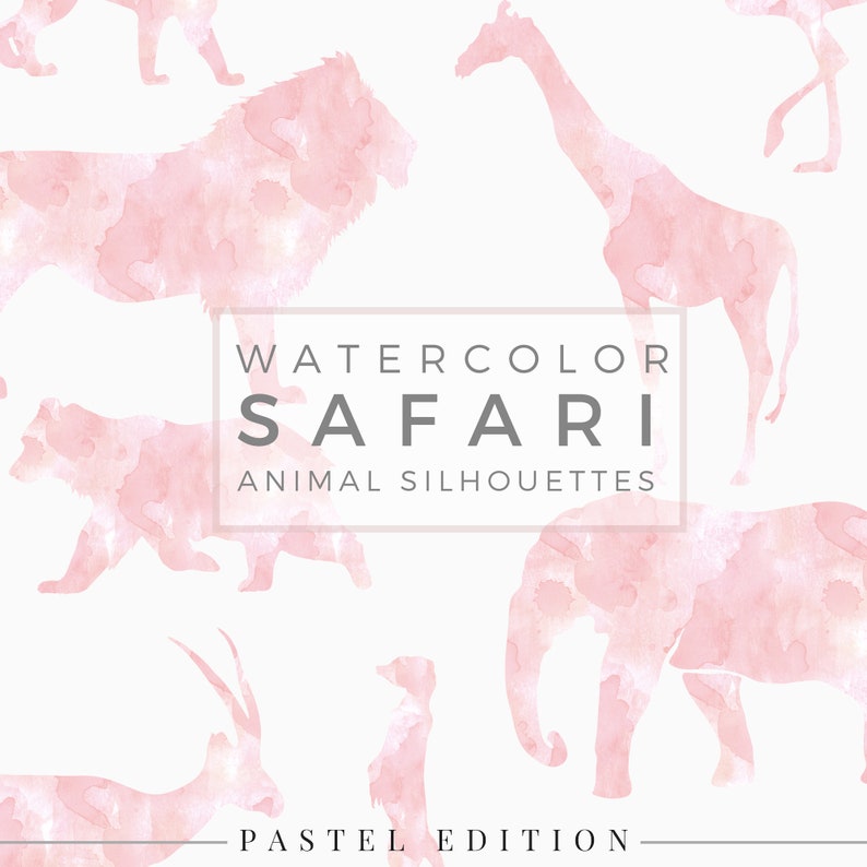 9 Pastel SAFARI Bundle Watercolor Animal Silhouette, Clip Art Package, Watercolor Clip Art, Commercial Use PNG, Digital download Graphics image 2