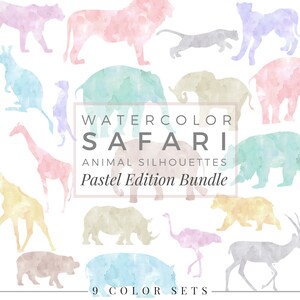 9 Pastel SAFARI Bundle Watercolor Animal Silhouette, Clip Art Package, Watercolor Clip Art, Commercial Use PNG, Digital download Graphics image 1