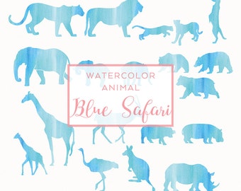 Blue SAFARI Animal Silhouette, Digital Download Watercolor Clip Art, Holiday Watercolor Clip Art, Animal Silhouette, Watercolor graphics