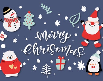 Personnages joyeux de Noël, art de clip de Noël, lettrage de main, graphiques de vacances de Pastel, illustration mignonne de vacances de doodle, cartes de voeux