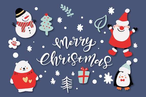 Merry Christmas Characters, Christmas Clip Art, Hand Lettering, Pastel Holiday graphics, Cute doodle Holiday illustration, Greeting Cards
