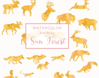 Yellow FOREST Animal Silhouette, Digital Download Watercolor Clip Art, Holiday Deer Clip Art, Animal Silhouette, Watercolor graphics