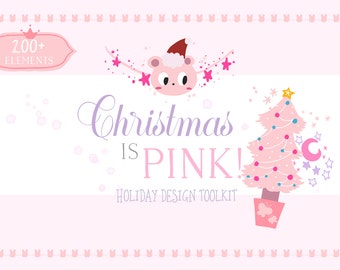 Christmas is Pink! Holiday Design toolkit, Christmas Clip Art Bundle, Hand Lettering Kit, Pastel Holiday graphics, KAWAII illustration, P003