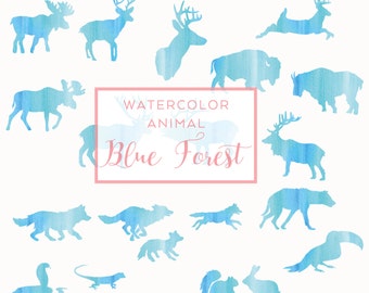 Blue FOREST Animal Silhouette, Digital Download Watercolor Clip Art, Holiday Deer Clip Art, Animal Silhouette, Watercolor graphics