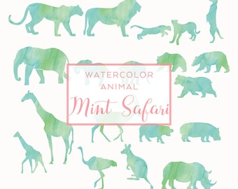 Safari Animal Silhouette Mint | Clip Art, Animal Silhouette, Watercolor Clip Art, Commercial Use PNG, Digital download Graphics, Nature