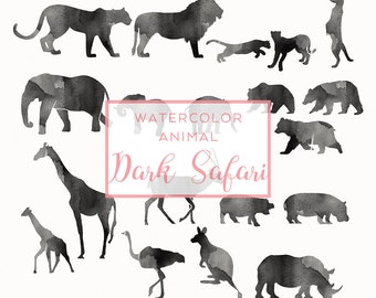 Safari Animal Silhouette Black | Clip Art, Animal Silhouette, Watercolor Clip Art, Commercial Use PNG, Digital download Graphics, Nature