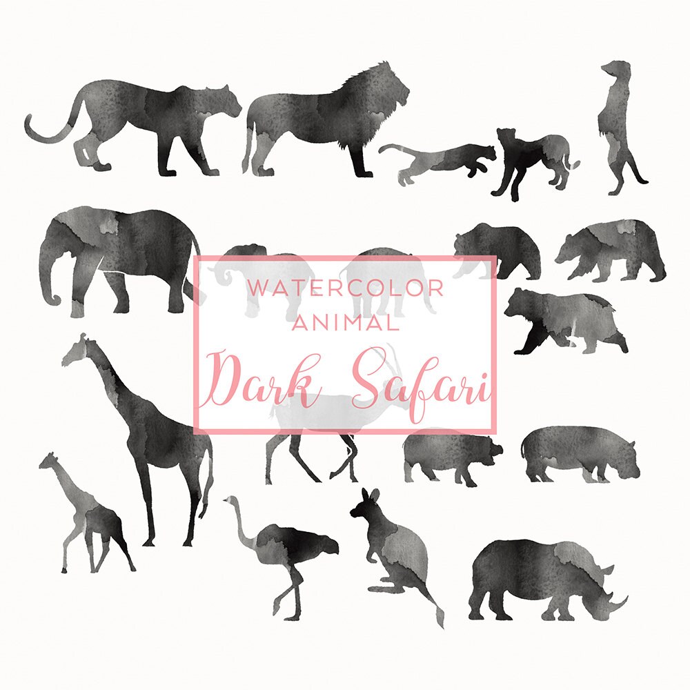 Safari Animal Silhouette Black Clip Art, Animal Silhouette, Watercolor