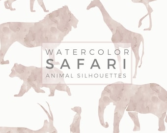 Safari Animal Silhouette | PASTEL Mud Brown, Clip Art, Animal Silhouette, Watercolor Clip Art, Commercial Use PNG, Digital download Graphic