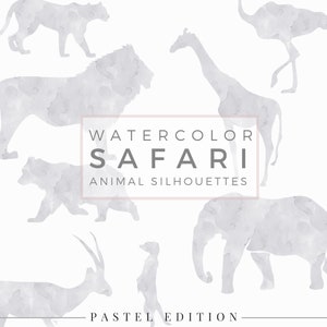 Safari Animal Silhouette PASTEL Foggy Grey, Clip Art, Animal Silhouette, Watercolor Clip Art, Commercial Use PNG, Digital download Graphic image 2