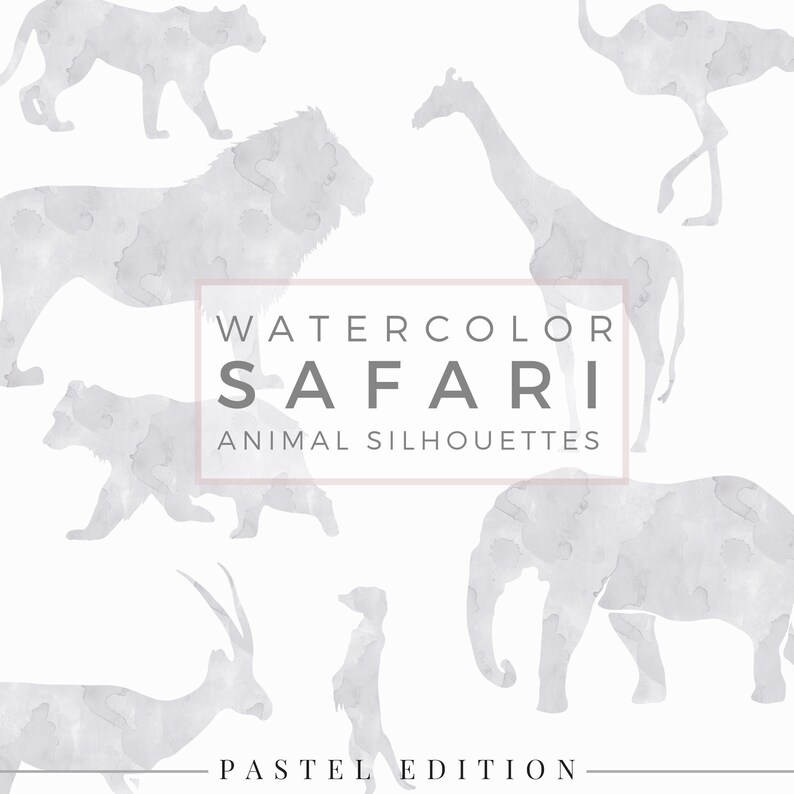 Safari Animal Silhouette / PASTEL Foggy Grey, ClipArt, Animal Silhouette, Watercolor ClipArt, Commercial Use PNG, Digital download Graphic immagine 2