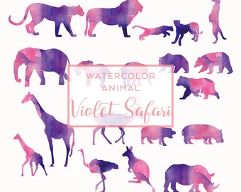 Safari Animal Silhouette Violet | Clip Art, Animal Silhouette, Watercolor Clip Art, Commercial Use PNG, Digital download Graphics, Nature