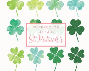 St.Patrick's Day Set | Watercolor Clover Graphics, Watercolor Clip Art, St.Patricks Day, Four Leaf Clover Illustration, Commercial Use PNG