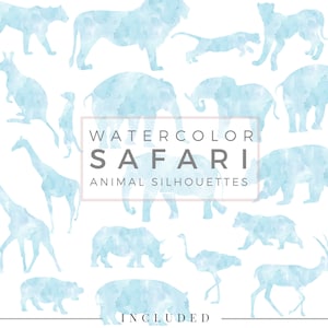 Safari Animal Silhouette PASTEL Baby Blue, Clip Art, Animal Silhouette, Watercolor Clip Art, Commercial Use PNG, Digital download Graphic image 1