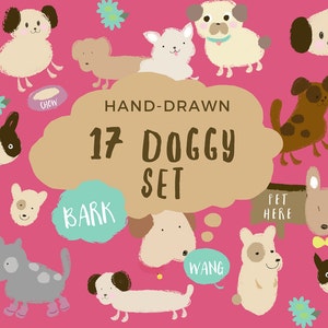 Dogs Clip art, Commercial Use Dog Clip Art, Digital Download Puppy Clip Art Set, KAWAII Pet Graphics, Hand drawn Doodle Dog Graphic
