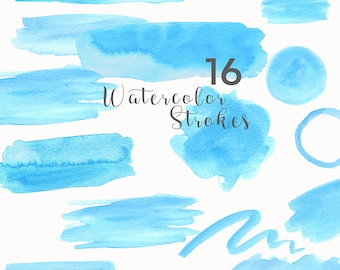 16 Watercolor Strokes Blue | Watercolor Clip Art, Digital Download, Brush Strokes, Commercial Use PNG, Watercolor, Digital Download Image