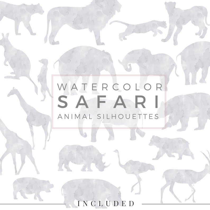 Safari Animal Silhouette / PASTEL Foggy Grey, ClipArt, Animal Silhouette, Watercolor ClipArt, Commercial Use PNG, Digital download Graphic immagine 1