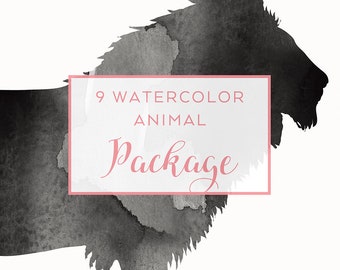 9 SAFARI Watercolor Animals Bundle | Animal Silhouette, Clip Art Package, Watercolor Clip Art, Commercial Use PNG, Digital download Graphics