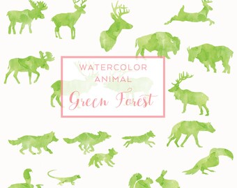 Green FOREST Animal Silhouette, Digital Download Watercolor Clip Art, Holiday Deer Clip Art, Animal Silhouette, Watercolor graphics