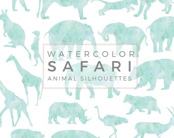 Safari Animal Silhouette | PASTEL Teal Color, Clip Art, Animal Silhouette, Watercolor Clip Art, Commercial Use PNG, Digital download Graphic