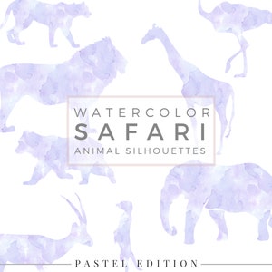 Safari Tier Silhouette PASTEL Lavendel, Clip Art, Tier Silhouette, Aquarell Clip Art, kommerzielle Nutzung PNG, Digitaler Download Grafik Bild 1