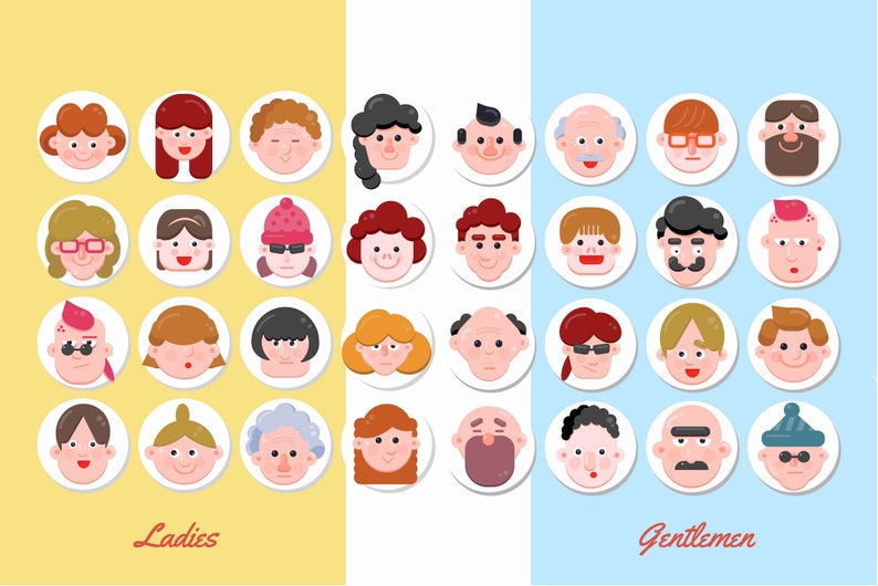 32 Character Face Clip Art, Different Face Overlay, PNG Clipart Commercial Use, Vector Graphics, Various Age Character Avatar, Flat Icons image 2