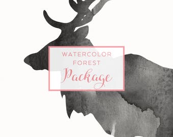 9 Forest Animal Silhouette Bundle | Clip Art Package, Animal Silhouette, Watercolor Clip Art, Commercial Use PNG, Digital download Graphics