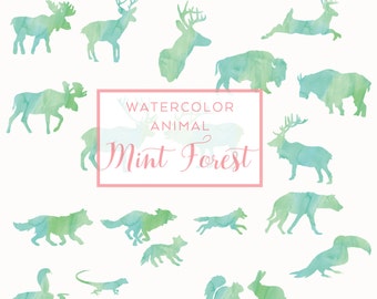 Mint FOREST Animal Silhouette, Digital Download Watercolor Clip Art, Holiday Deer Clip Art, Animal Silhouette, Watercolor graphics