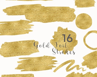 16 Gold Brush Strokes Set | Foil Clip Art, Digital Download, Brush Strokes, Commercial Use PNG, Golden Textured, Digital Download Image