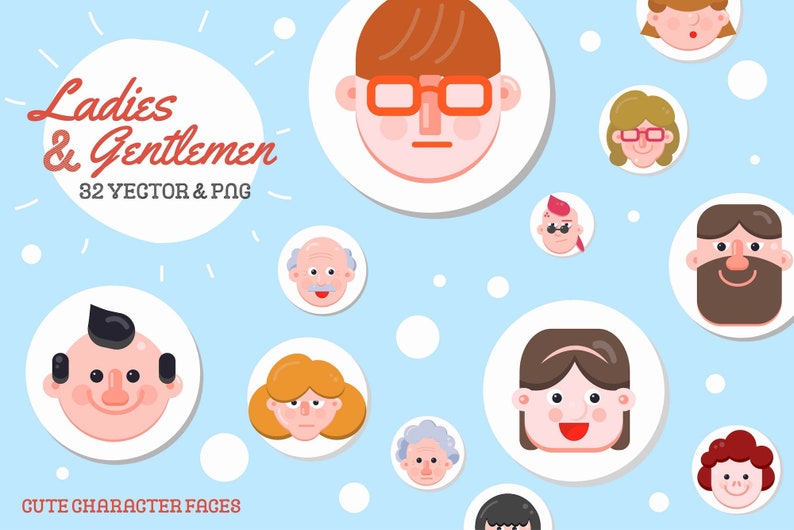 32 Character Face Clip Art, Different Face Overlay, PNG Clipart Commercial Use, Vector Graphics, Various Age Character Avatar, Flat Icons image 1