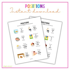 May include: A printable worksheet with colourful illustrations and text that helps children learn prepositions like "on", "under", "in", "above", "behind", and "in front of".