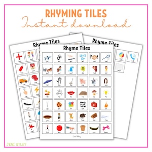 May include: Three printable sheets of rhyming tiles for children. Each sheet has a grid of black and white squares with colourful illustrations of objects. The words "Rhyme Tiles" are at the top of each sheet. The text "Let's Go" is on one of the sheets.