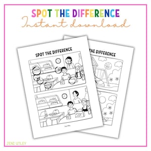 May include: Black and white printable spot the difference activity sheet with two scenes. The first scene shows three people in a school canteen. The second scene shows a basketball hoop and a house.