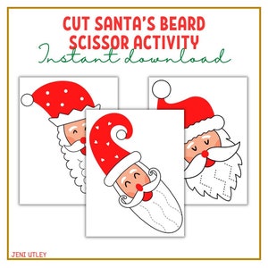 May include: Three printable Santa Claus faces with dotted lines for children to cut out. The text "Cut Santa's Beard Scissor Activity Instant Download" is at the top of the image.