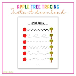 Pode incluir: Uma folha de trabalho imprimível com cinco maçãs vermelhas e cinco macieiras verdes. Linhas tracejadas conectam as maçãs às árvores. O texto "APPLE TREES" e "Trace the lines to connect the apples to the trees." está no topo da página.