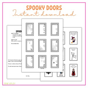 Pode incluir: Uma atividade de Halloween imprimível para crianças com nove portas assustadoras com teias de aranha. Cada porta tem um número. A atividade inclui instruções para cortar as portas e combiná-las com os cartões de atividade correspondentes. Os cartões de atividade apresentam atividades com tema de Halloween como "Golly gee and the you are riding on a broom" e "Dance like a skeleton".