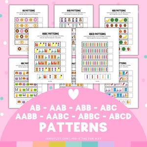 May include: Educational pattern worksheets for pre-K students. The worksheets feature colorful illustrations of various objects, including donuts, robots, and crayons. The text on the worksheets reads "AB PATTERNS", "AAB PATTERNS", "ABB PATTERNS", "ABC PATTERNS", "ABBC PATTERNS", and "ABCD PATTERNS".