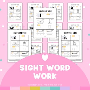 May include: A collection of printable sight word worksheets for pre-K students. Each worksheet features a sight word with activities like reading, writing, and coloring. The worksheets are designed to help children learn and practice essential reading skills.