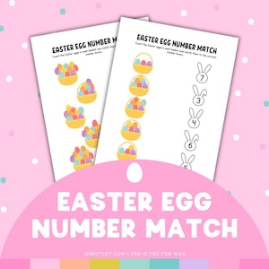 May include: Two white worksheets with the text "EASTER EGG NUMBER MATCH" and illustrations of Easter eggs in baskets and bunny numbers. The worksheets are designed for a number matching activity. The background is pink with polka dots.