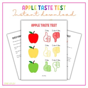 May include: A printable worksheet for a taste test with three different colored apples. The worksheet has a thumbs up and thumbs down for each apple to indicate whether you like or dislike the apple. The text on the worksheet says "Apple Taste Test".
