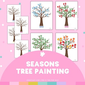 May include: A collection of printable tree templates for seasonal art projects. The set includes bare brown tree trunks and versions decorated with blue, red, green, yellow, and orange thumbprint leaves, labelled with the words WINTER and SPRING.