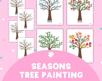 May include: A collection of printable tree templates for seasonal art projects. The set includes bare brown tree trunks and versions decorated with blue, red, green, yellow, and orange thumbprint leaves, labeled with the words WINTER and SPRING.